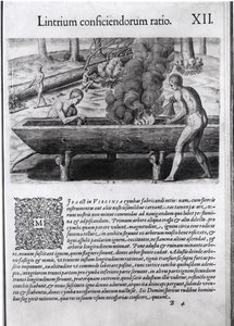 テオドール・ド・ブライ（1525-75）によって書かれ、刻まれた「アメリカ大陸」からダグアウトボートを作るバージニアインディアン 作： Jacques Le Moyne